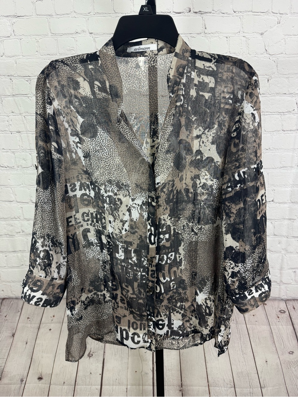 Steilmann Sheer Newspaper Mixed Print Blouse Grey Black Button Down Size 8